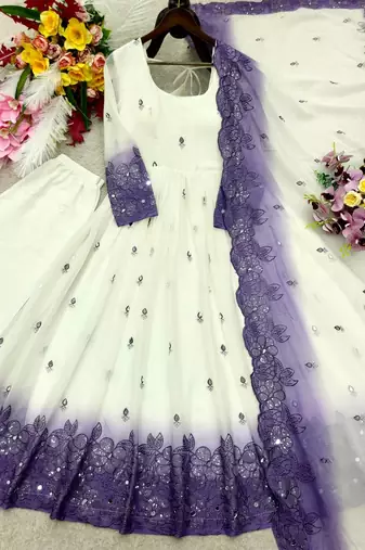 white color embroidery sequin and real mirror handwork georgette gown set