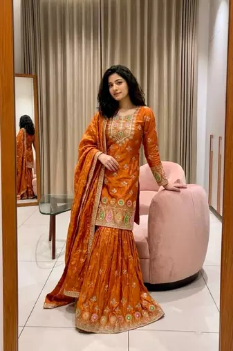 orange color embroidery sequin work silk blend kurti sharara set