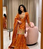 orange color embroidery sequin work silk blend kurti sharara set
