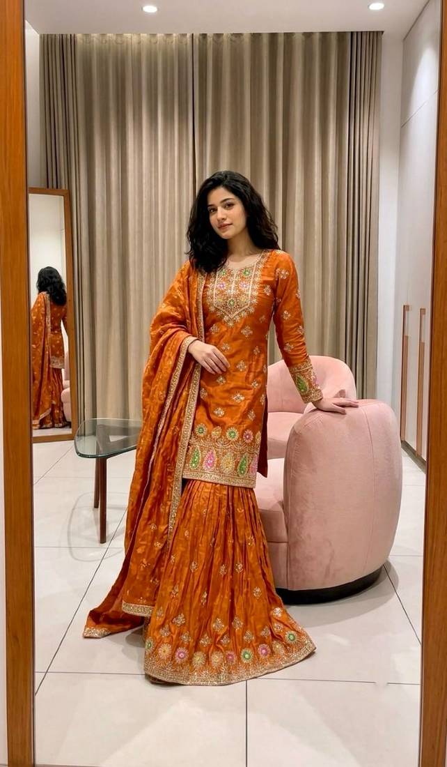 orange color embroidery sequin work silk blend kurti sharara set