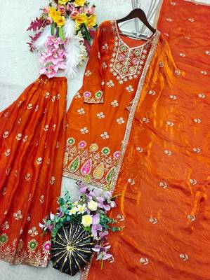 orange color embroidery sequin work silk blend kurti sharara set 2
