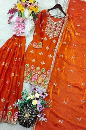 orange color embroidery sequin work silk blend kurti sharara set