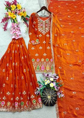 orange color embroidery sequin work silk blend kurti sharara set 3