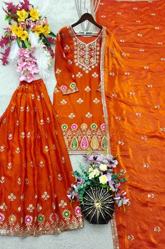 orange color embroidery sequin work silk blend kurti sharara set