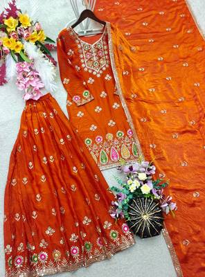 orange color embroidery sequin work silk blend kurti sharara set 4
