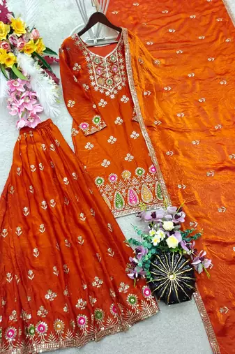 orange color embroidery sequin work silk blend kurti sharara set