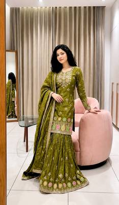 mehendi color embroidery sequin work silk blend kurti sharara set 1