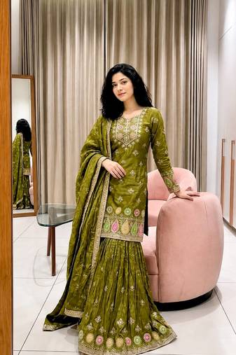 mehendi color embroidery sequin work silk blend kurti sharara set
