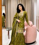 mehendi color embroidery sequin work silk blend kurti sharara set