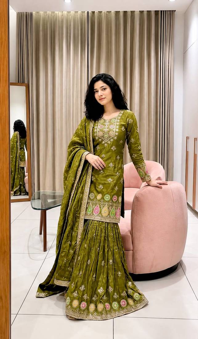 mehendi color embroidery sequin work silk blend kurti sharara set