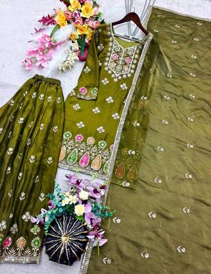 mehendi color embroidery sequin work silk blend kurti sharara set 2