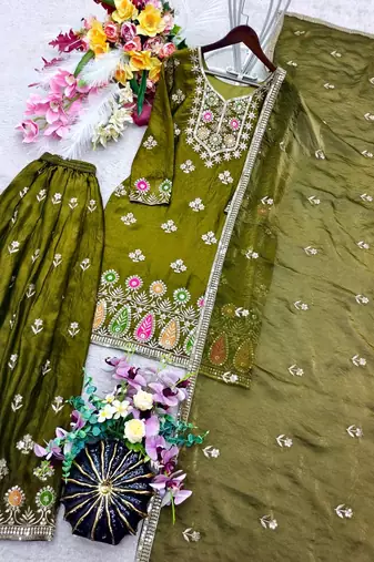mehendi color embroidery sequin work silk blend kurti sharara set