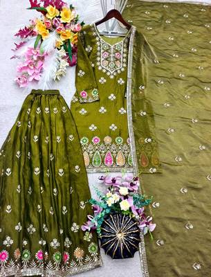 mehendi color embroidery sequin work silk blend kurti sharara set 3
