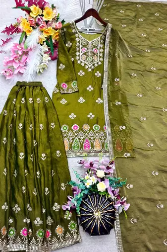 mehendi color embroidery sequin work silk blend kurti sharara set