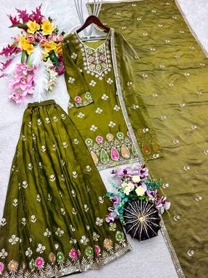 mehendi color embroidery sequin work silk blend kurti sharara set 4
