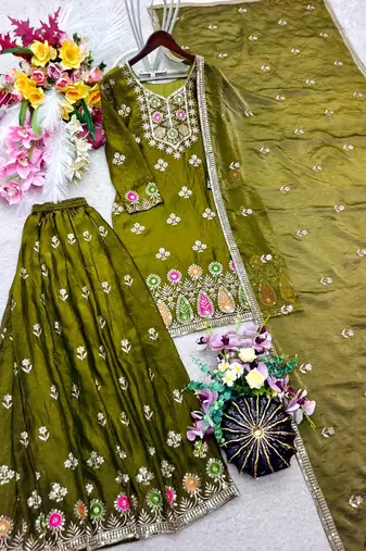 mehendi color embroidery sequin work silk blend kurti sharara set
