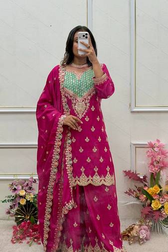 rani pink color cording embroidery sequin work with handwork and mirror diamonds silk blend kurti palazzo set