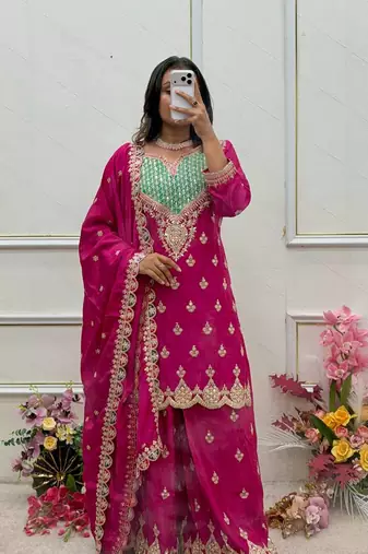 rani pink color cording embroidery sequin work with handwork and mirror diamonds silk blend kurti palazzo set