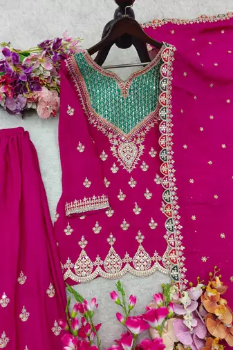 rani pink color cording embroidery sequin work with handwork and mirror diamonds silk blend kurti palazzo set