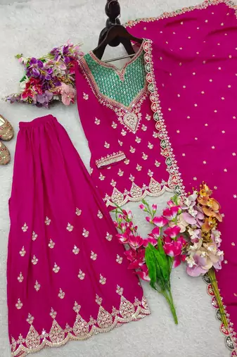 rani pink color cording embroidery sequin work with handwork and mirror diamonds silk blend kurti palazzo set