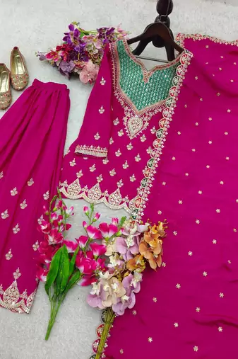 rani pink color cording embroidery sequin work with handwork and mirror diamonds silk blend kurti palazzo set