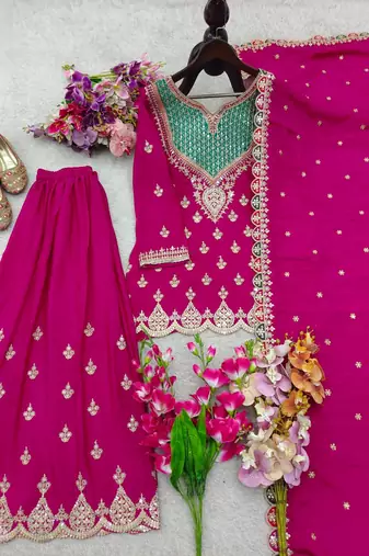 rani pink color cording embroidery sequin work with handwork and mirror diamonds silk blend kurti palazzo set