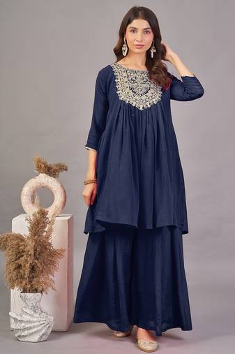 Women navy blue yoke embroidered short kurti with flared palazzo co-ord set