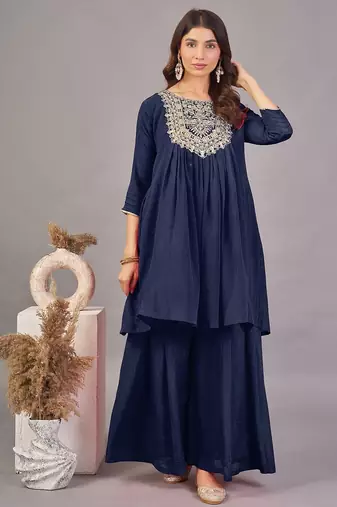 Women navy blue yoke embroidered short kurti with flared palazzo co-ord set