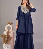 Women navy blue yoke embroidered short kurti with flared palazzo co-ord set