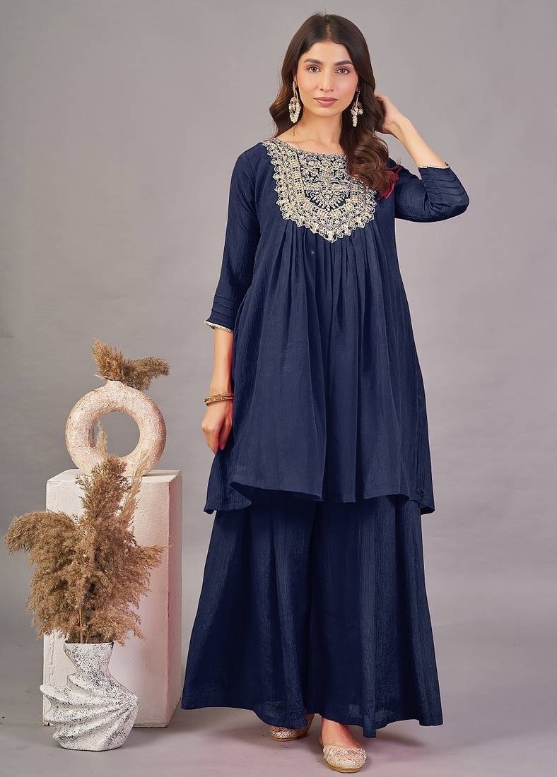 Women navy blue yoke embroidered short kurti with flared palazzo co-ord set