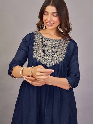 Women navy blue yoke embroidered short kurti with flared palazzo co-ord set 2