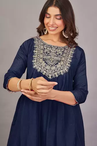 Women navy blue yoke embroidered short kurti with flared palazzo co-ord set