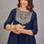 Women navy blue yoke embroidered short kurti with flared palazzo co-ord set