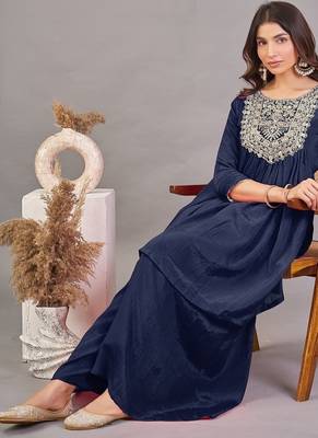 Women navy blue yoke embroidered short kurti with flared palazzo co-ord set 3