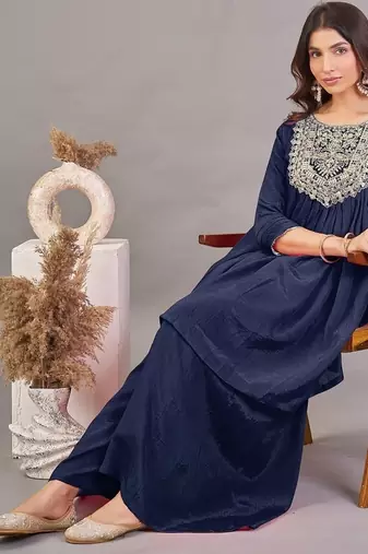 Women navy blue yoke embroidered short kurti with flared palazzo co-ord set