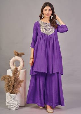 Women purple yoke embroidered short kurti with flared palazzo co-ord set 1