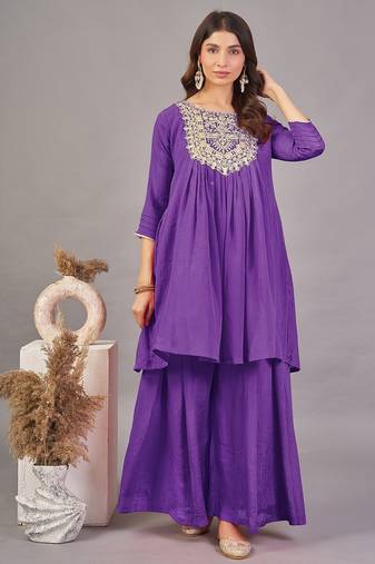 Women purple yoke embroidered short kurti with flared palazzo co-ord set