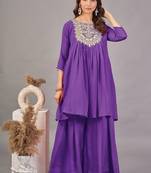 Women purple yoke embroidered short kurti with flared palazzo co-ord set