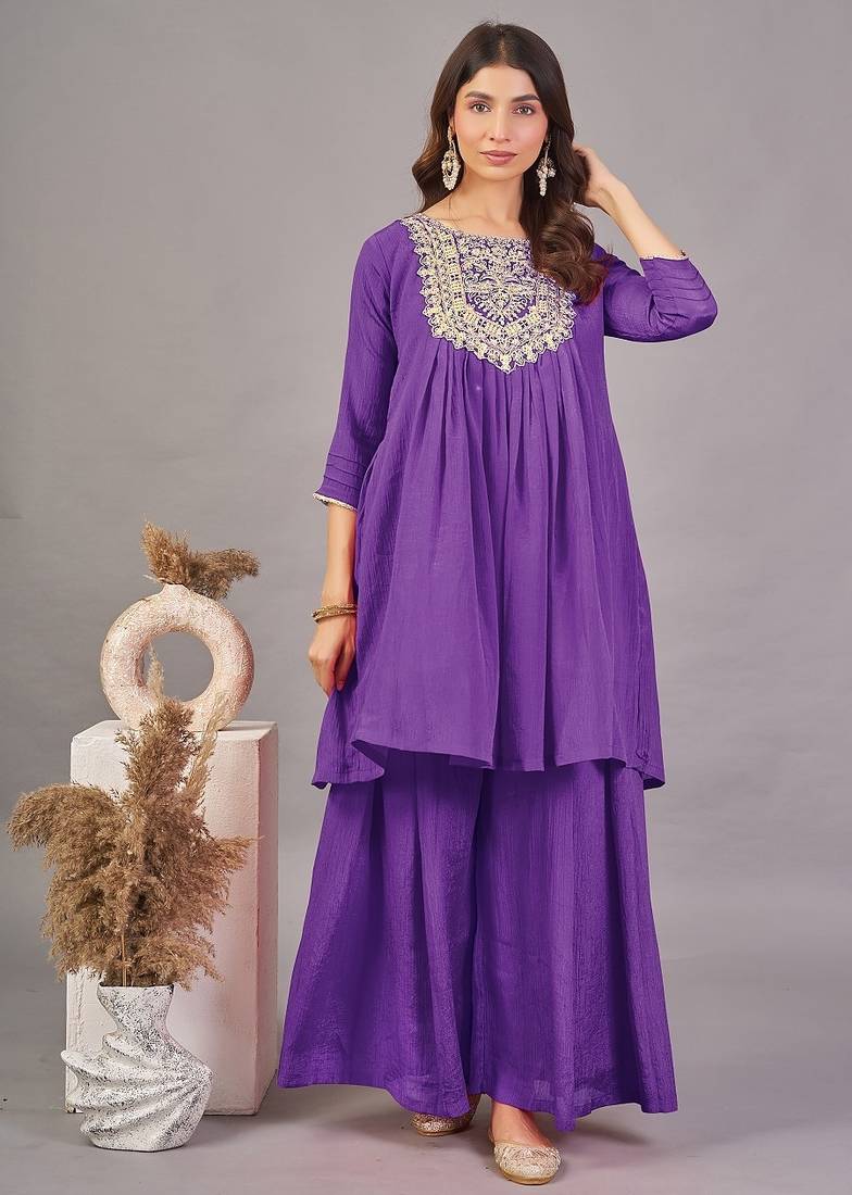 Women purple yoke embroidered short kurti with flared palazzo co-ord set