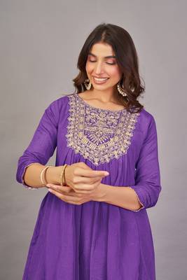 Women purple yoke embroidered short kurti with flared palazzo co-ord set 2