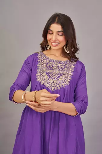 Women purple yoke embroidered short kurti with flared palazzo co-ord set