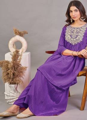 Women purple yoke embroidered short kurti with flared palazzo co-ord set 3