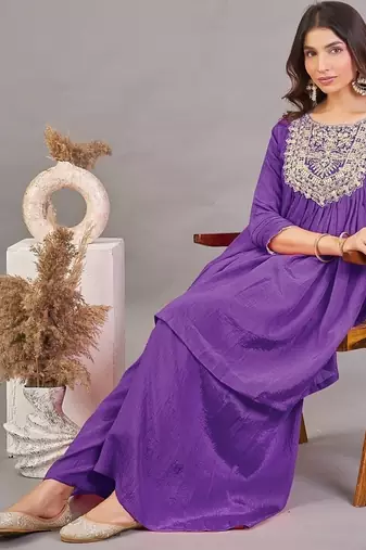 Women purple yoke embroidered short kurti with flared palazzo co-ord set