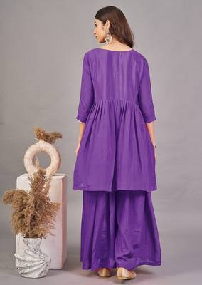 Women purple yoke embroidered short kurti with flared palazzo co-ord set 4
