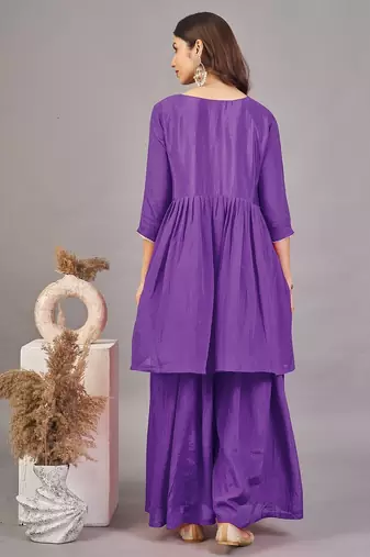 Women purple yoke embroidered short kurti with flared palazzo co-ord set