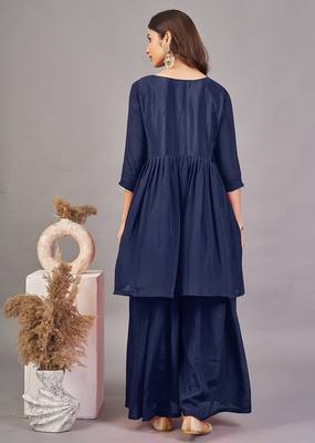 Women navy blue yoke embroidered short kurti with flared palazzo co-ord set 4