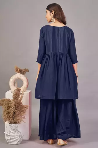 Women navy blue yoke embroidered short kurti with flared palazzo co-ord set
