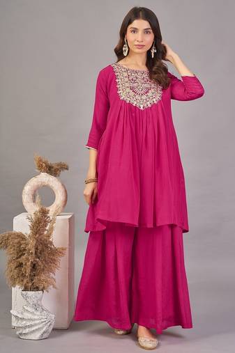 Women rani  yoke embroidered short kurti with flared palazzo co-ord set