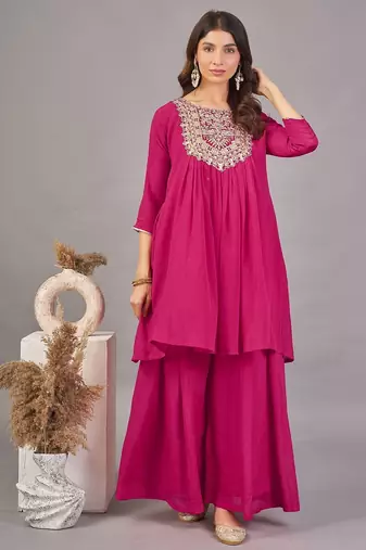 Women rani  yoke embroidered short kurti with flared palazzo co-ord set
