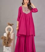 Women rani  yoke embroidered short kurti with flared palazzo co-ord set